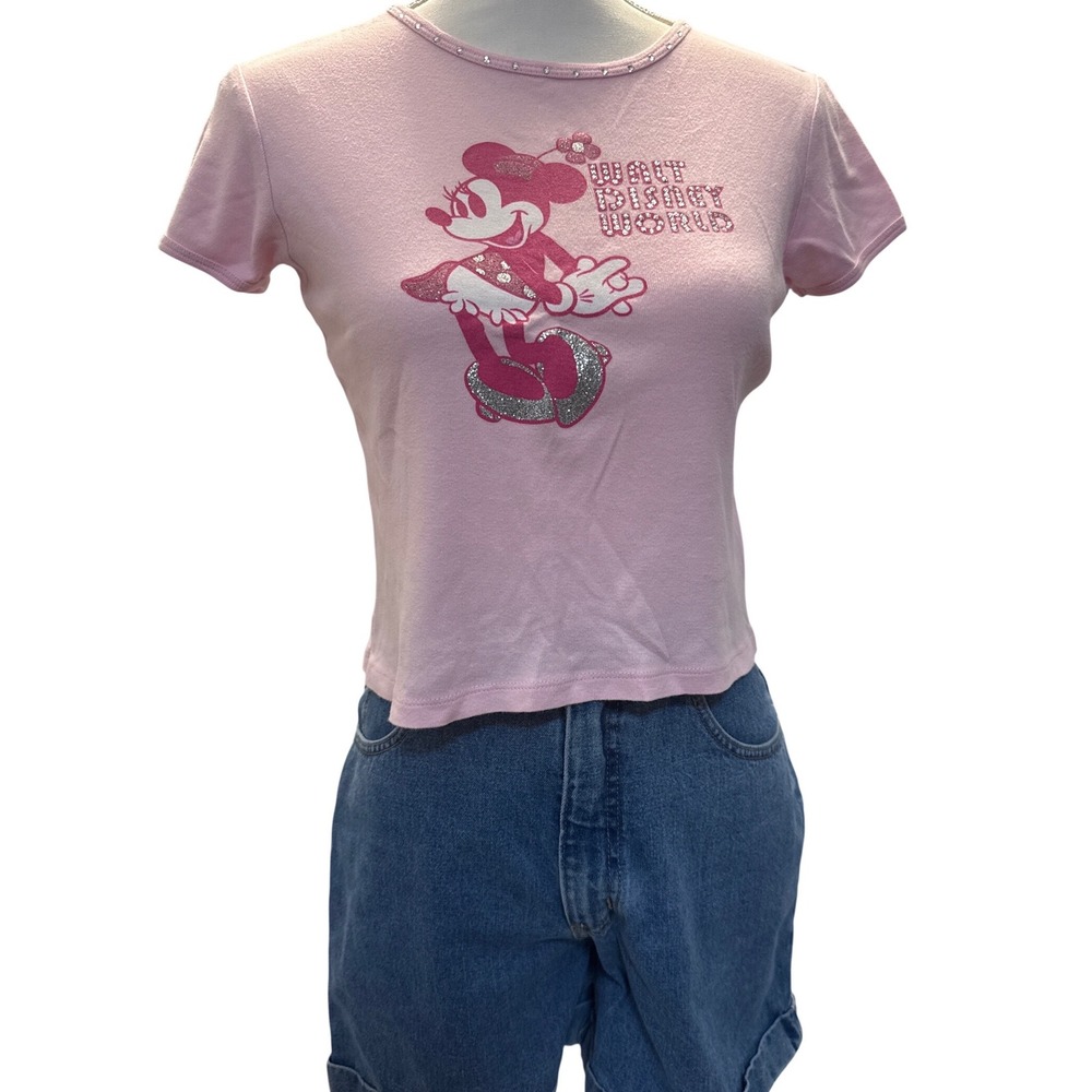 Vintage Y2K Disney Minnie Mouse Gem Crop Top T Shirt Baby Tee pink Womens small